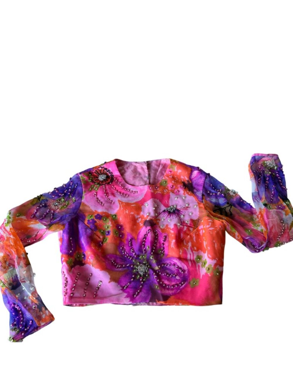 Miss Elliette California Hand-Beaded Floral Crop Blouse Sheer Sleeves Vtg 60s - Picture 8 of 16